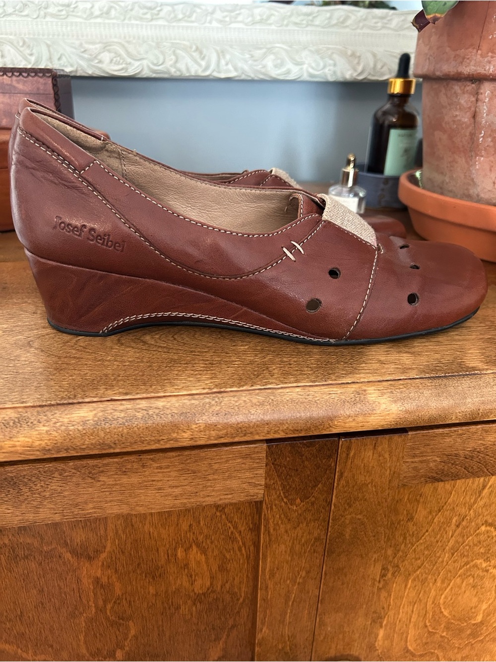 Josef Seibel Women's Leather Comfort Small Wedge Loafers in Cognac Brown